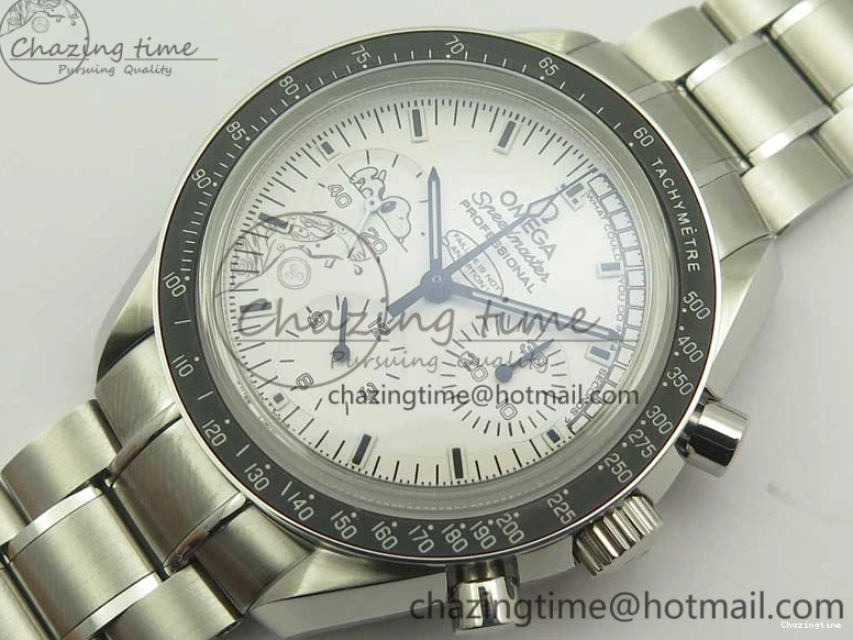 1227 Lightweight Speedmaster SS Snoopy OMF Best Edition White Dial on SS Bracelet Manual Winding Chrono Movement 7992